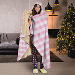 Pink And White Gingham Pattern Print Hooded Blanket