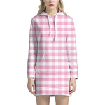 Pink And White Gingham Pattern Print Hoodie Dress