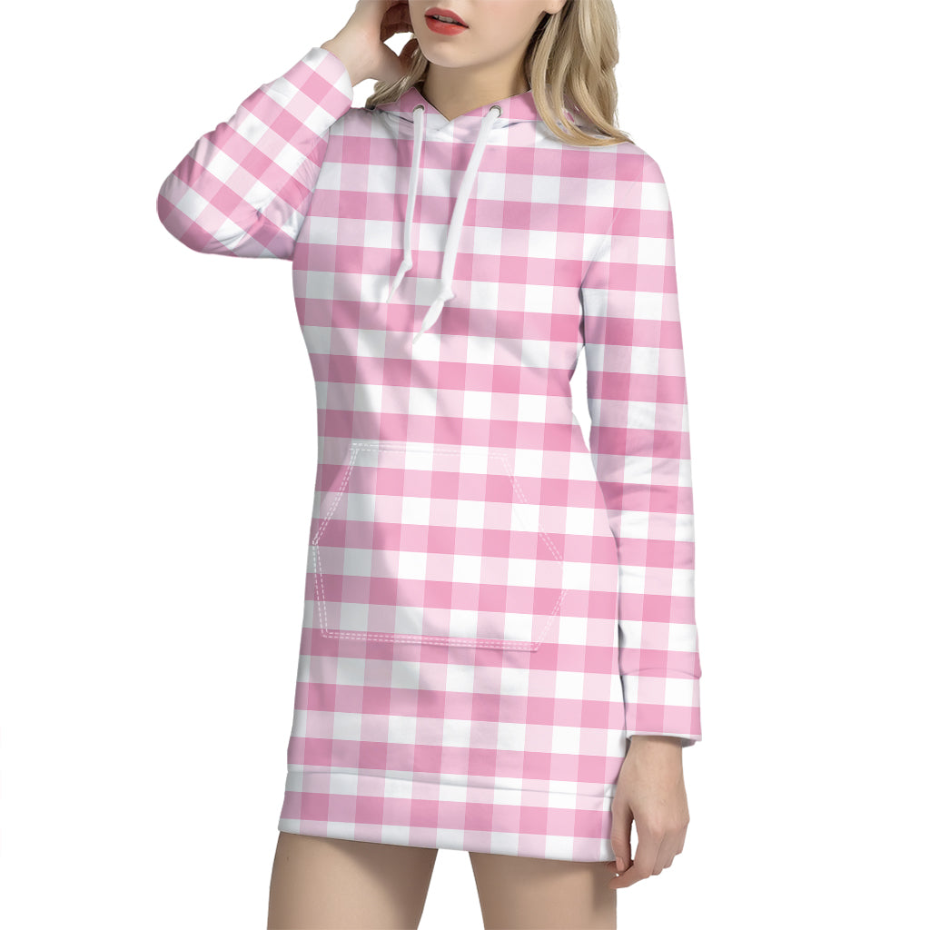 Pink And White Gingham Pattern Print Hoodie Dress