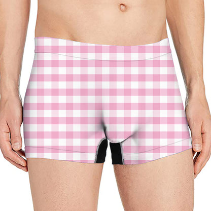 Pink And White Gingham Pattern Print Men's Boxer Briefs