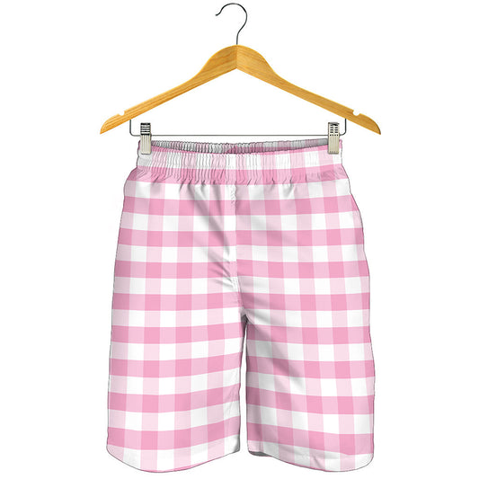 Pink And White Gingham Pattern Print Men's Shorts