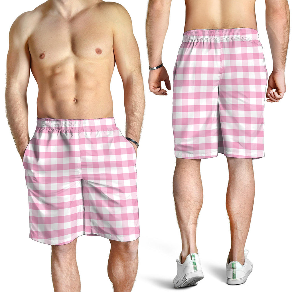 Pink And White Gingham Pattern Print Men's Shorts