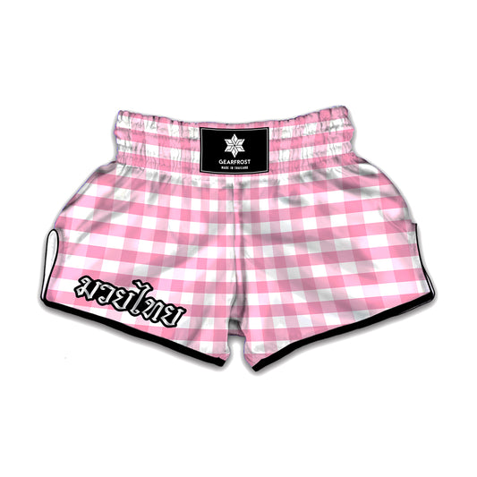 Pink And White Gingham Pattern Print Muay Thai Boxing Shorts