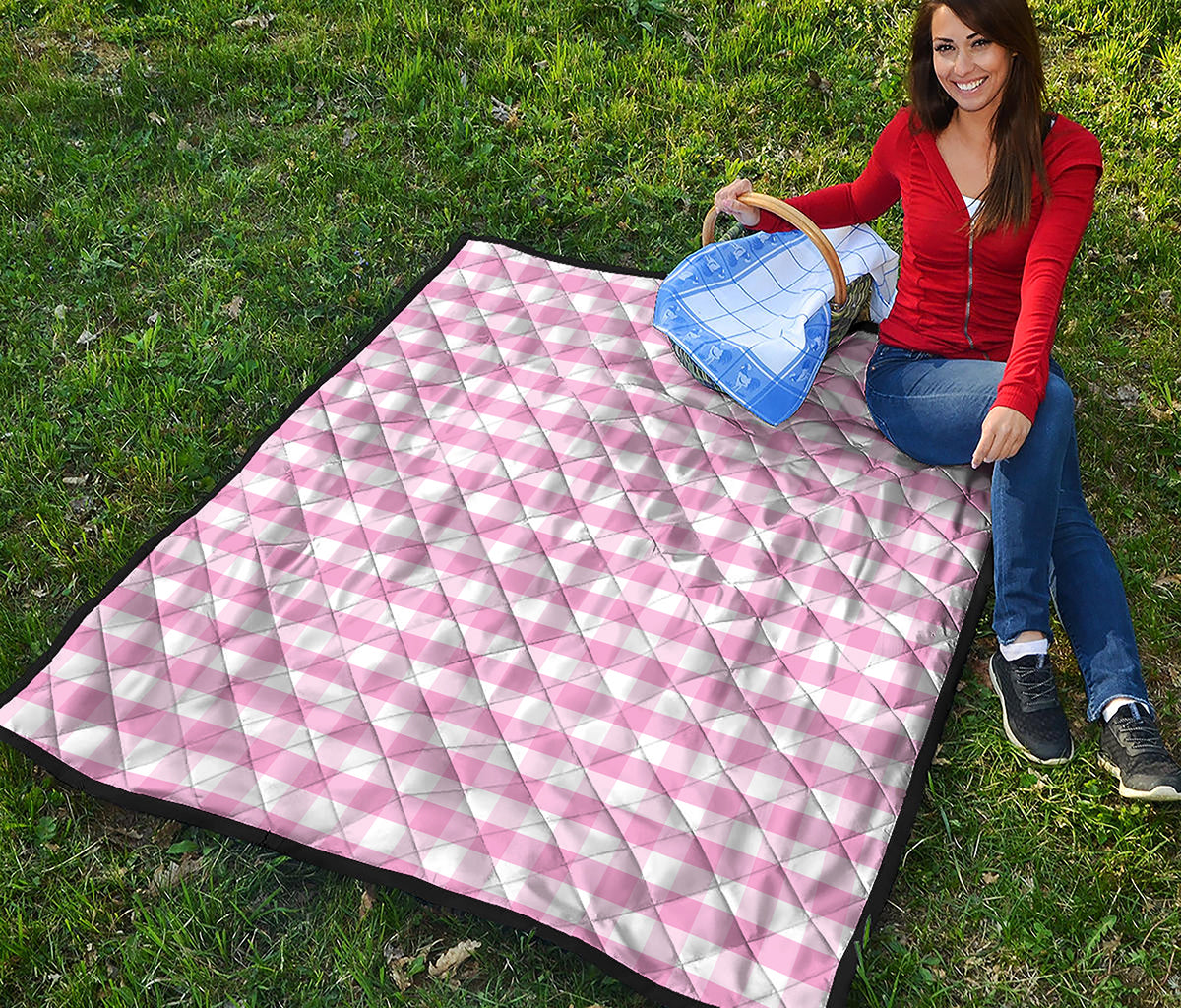 Pink And White Gingham Pattern Print Quilt