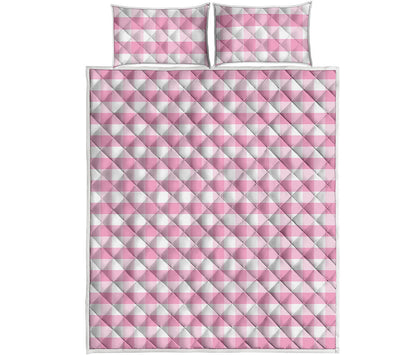 Pink And White Gingham Pattern Print Quilt Bed Set