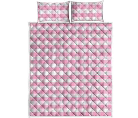 Pink And White Gingham Pattern Print Quilt Bed Set