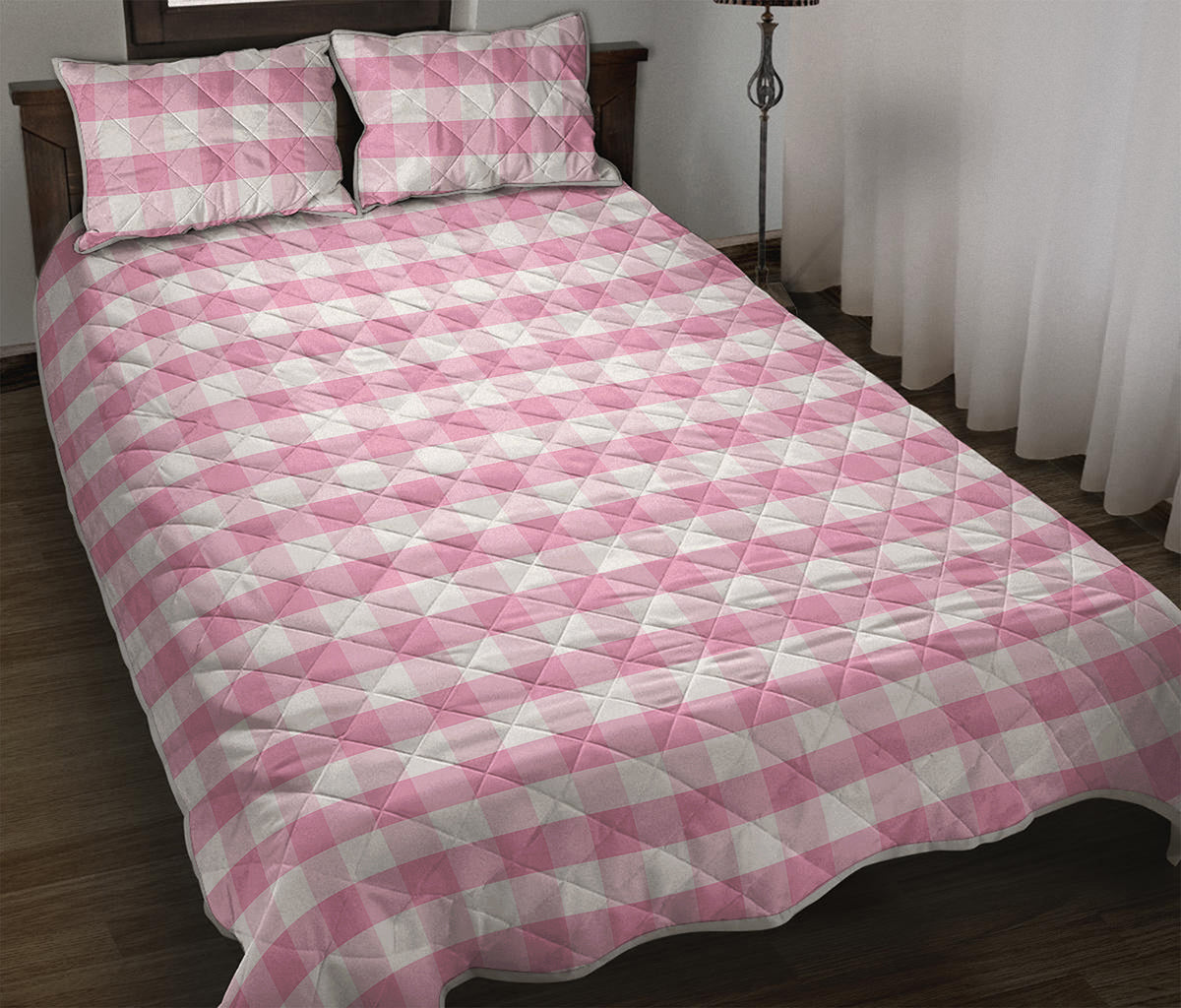 Pink And White Gingham Pattern Print Quilt Bed Set