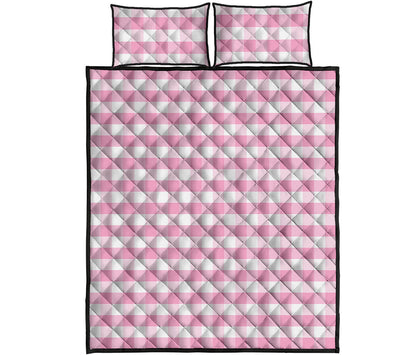 Pink And White Gingham Pattern Print Quilt Bed Set