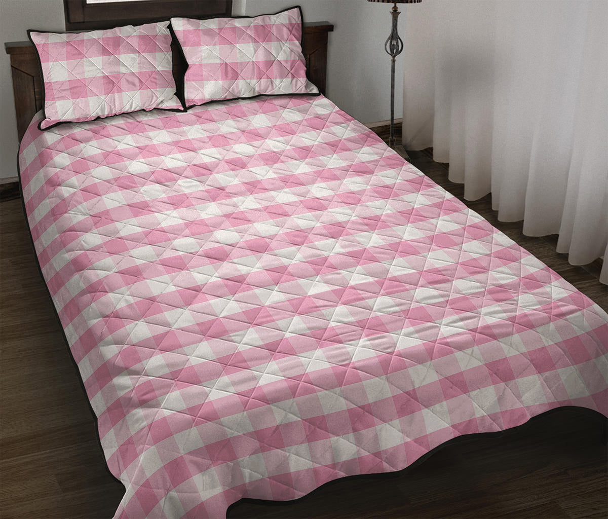 Pink And White Gingham Pattern Print Quilt Bed Set