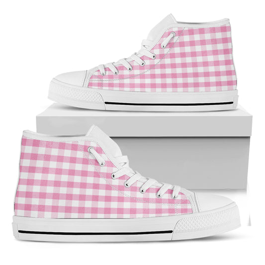 Pink And White Gingham Pattern Print White High Top Shoes