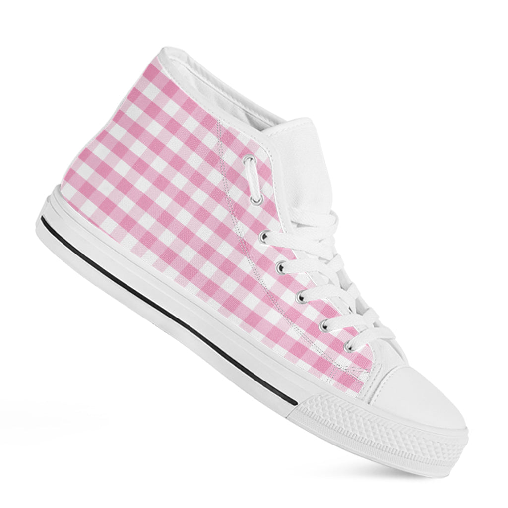 Pink And White Gingham Pattern Print White High Top Shoes