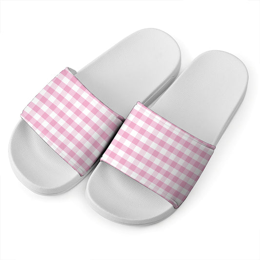 Pink And White Gingham Pattern Print White Slide Sandals