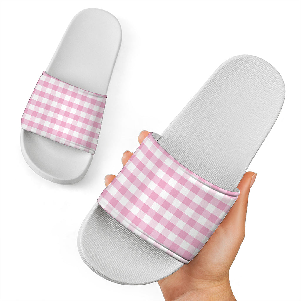 Pink And White Gingham Pattern Print White Slide Sandals