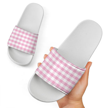 Pink And White Gingham Pattern Print White Slide Sandals