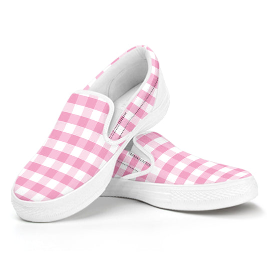 Pink And White Gingham Pattern Print White Slip On Shoes