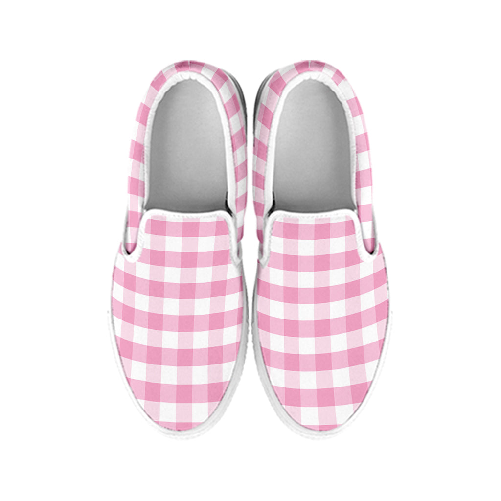 Pink And White Gingham Pattern Print White Slip On Shoes