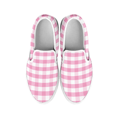 Pink And White Gingham Pattern Print White Slip On Shoes