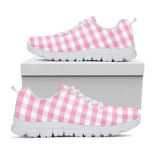 Pink And White Gingham Pattern Print White Sneakers