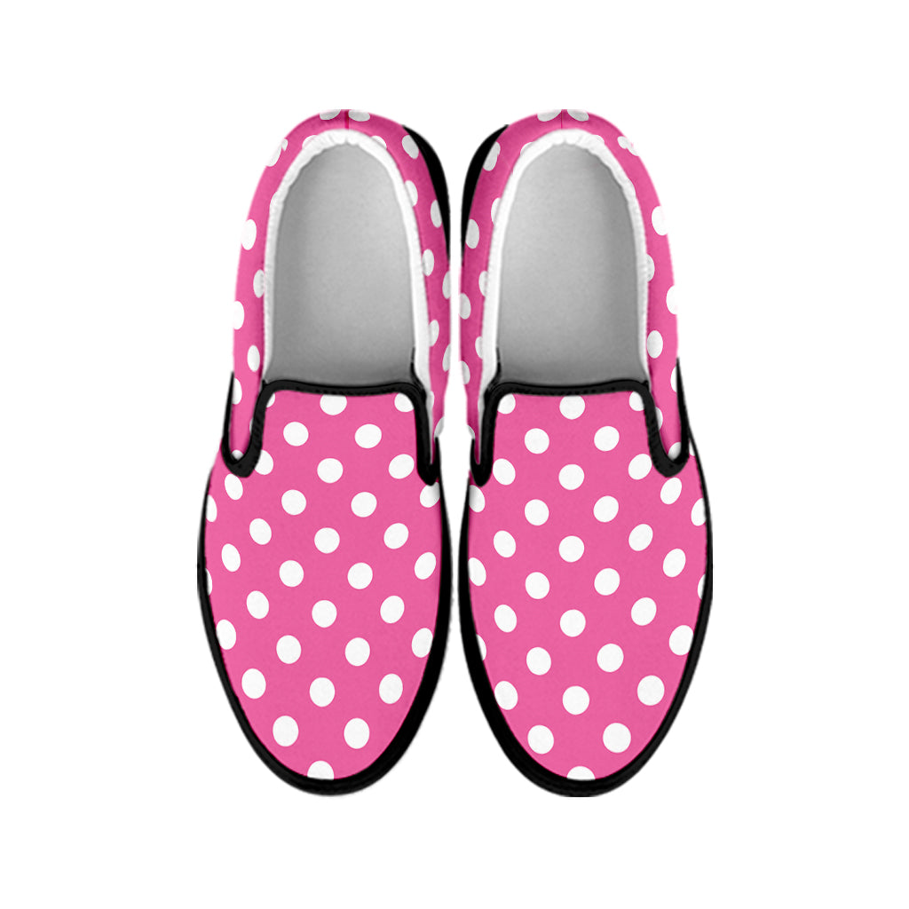 Pink And White Polka Dot Pattern Print Black Slip On Shoes