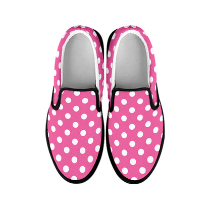 Pink And White Polka Dot Pattern Print Black Slip On Shoes