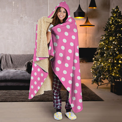 Pink And White Polka Dot Pattern Print Hooded Blanket