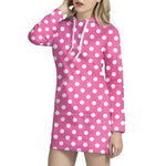 Pink And White Polka Dot Pattern Print Hoodie Dress
