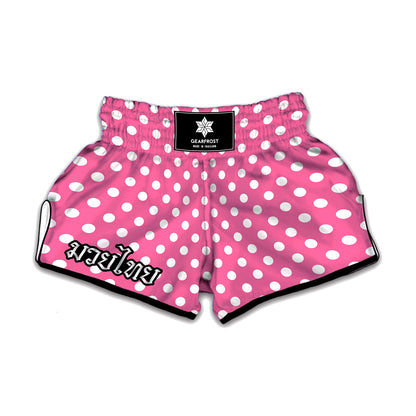 Pink And White Polka Dot Pattern Print Muay Thai Boxing Shorts