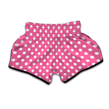 Pink And White Polka Dot Pattern Print Muay Thai Boxing Shorts