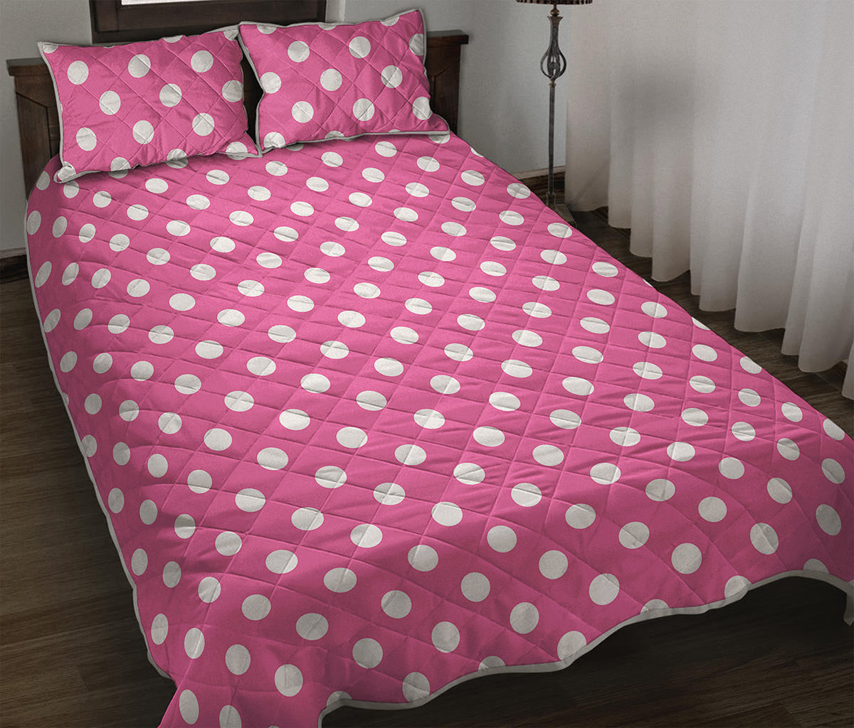 Pink And White Polka Dot Pattern Print Quilt Bed Set