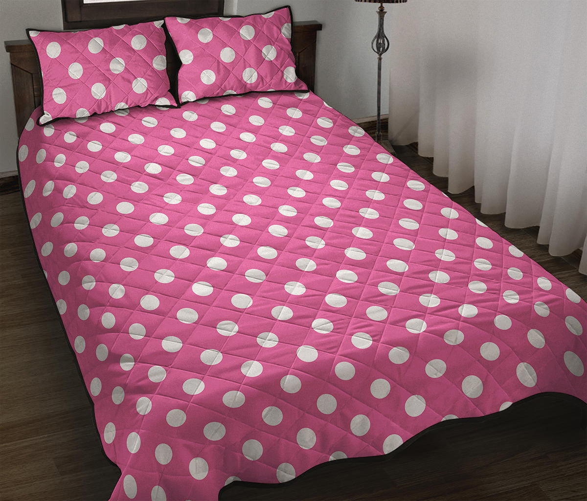 Pink And White Polka Dot Pattern Print Quilt Bed Set