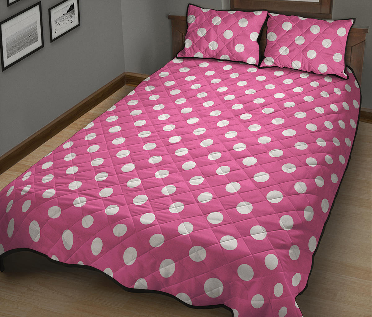 Pink And White Polka Dot Pattern Print Quilt Bed Set