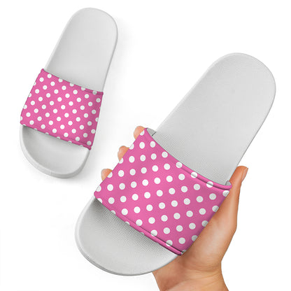 Pink And White Polka Dot Pattern Print White Slide Sandals