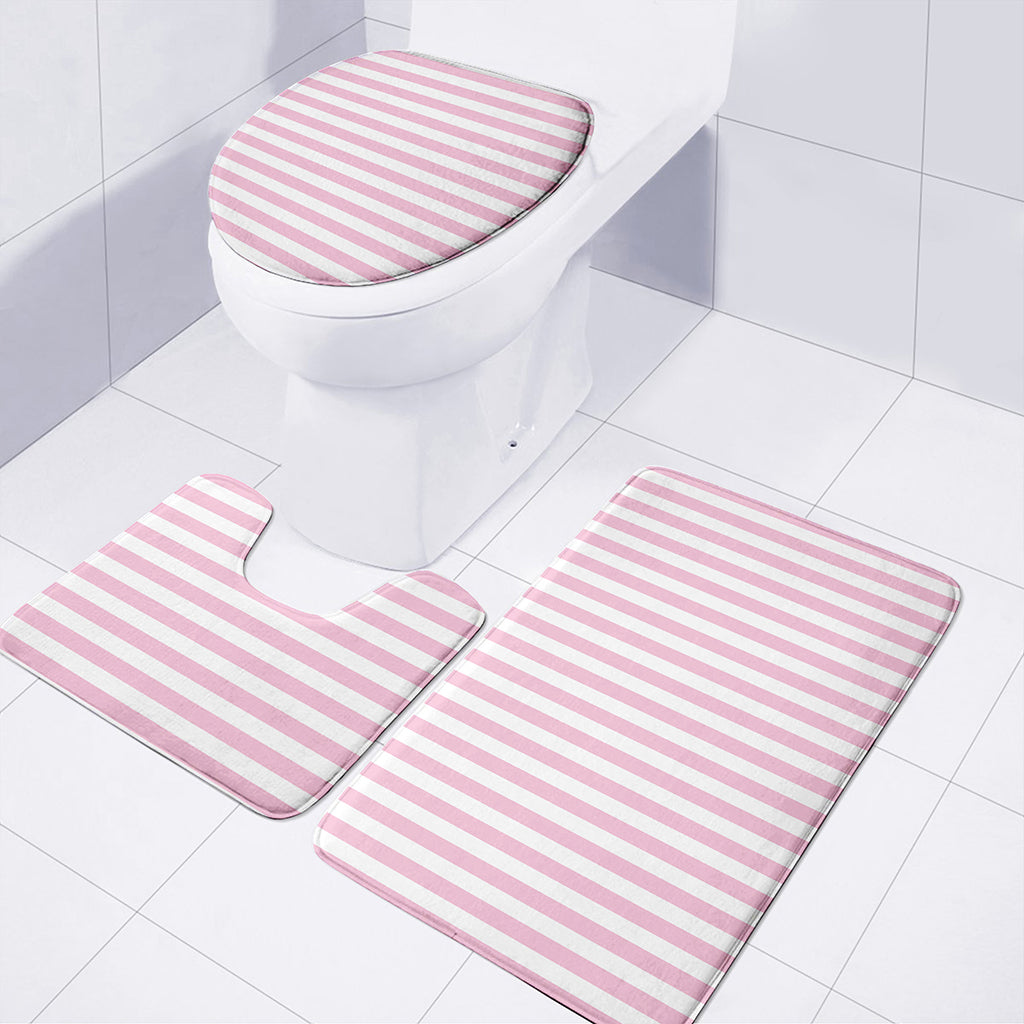 Pink And White Striped Pattern Print 3 Piece Bath Mat Set