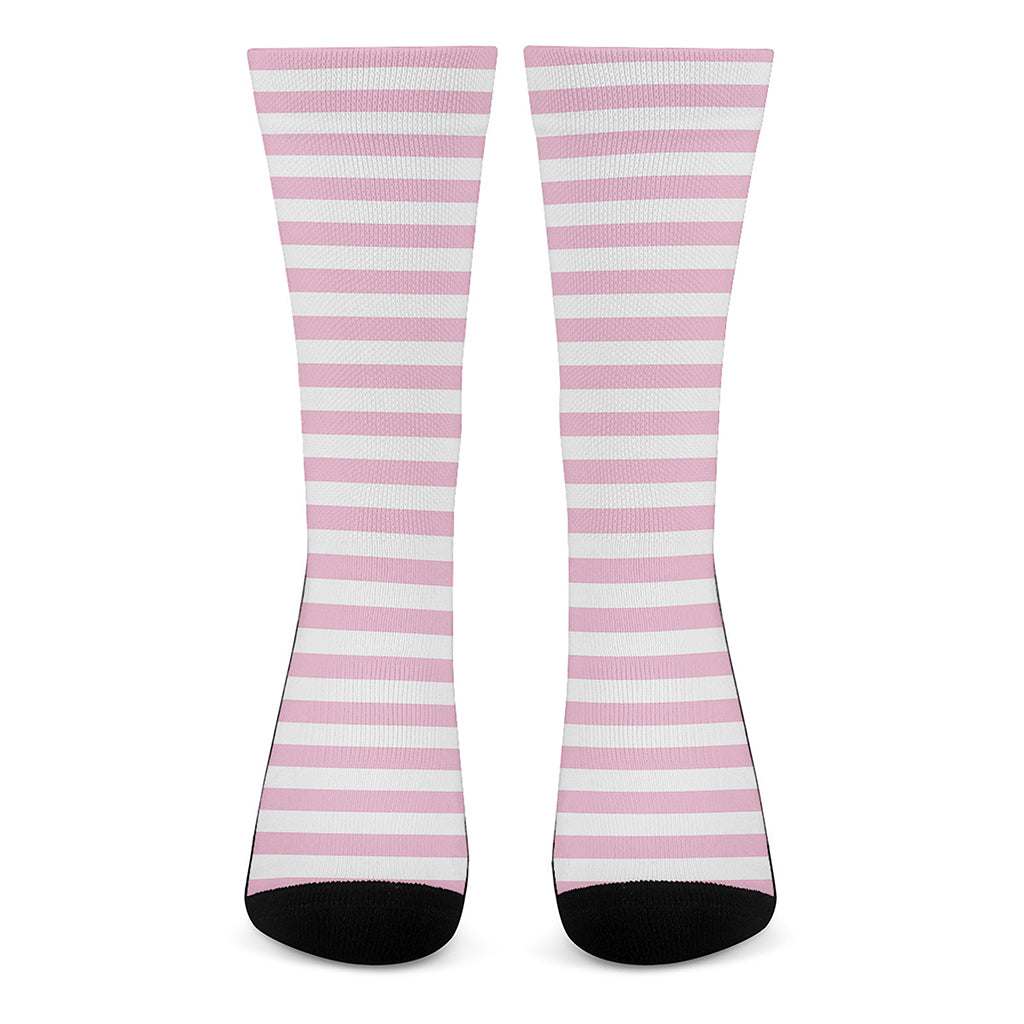 Pink And White Striped Pattern Print Crew Socks