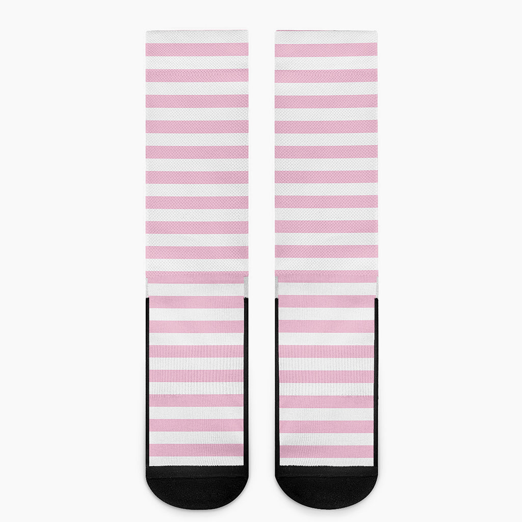 Pink And White Striped Pattern Print Crew Socks