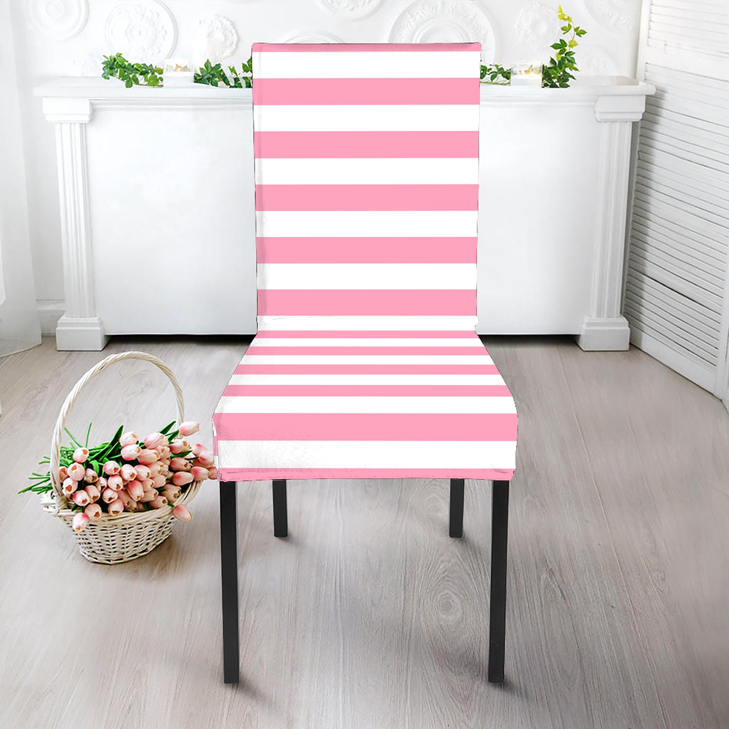 Pink And White Striped Pattern Print Dining Chair Slipcover