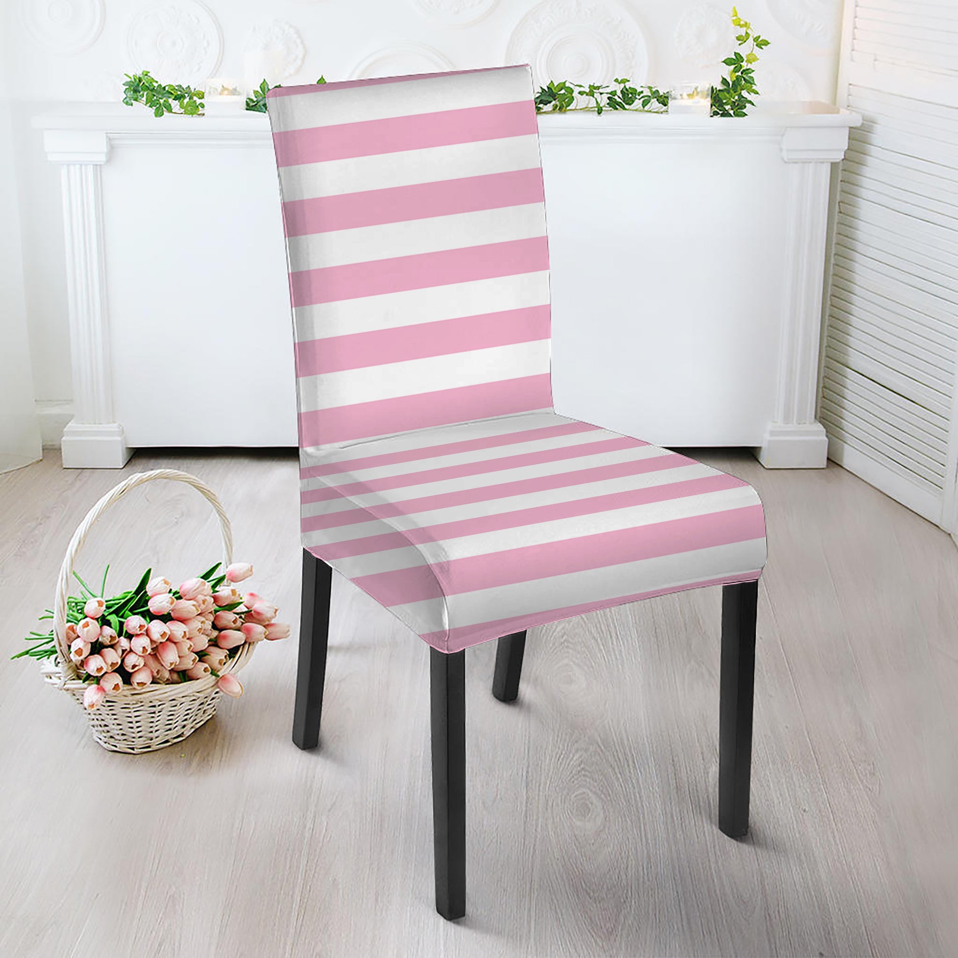 Pink And White Striped Pattern Print Dining Chair Slipcover