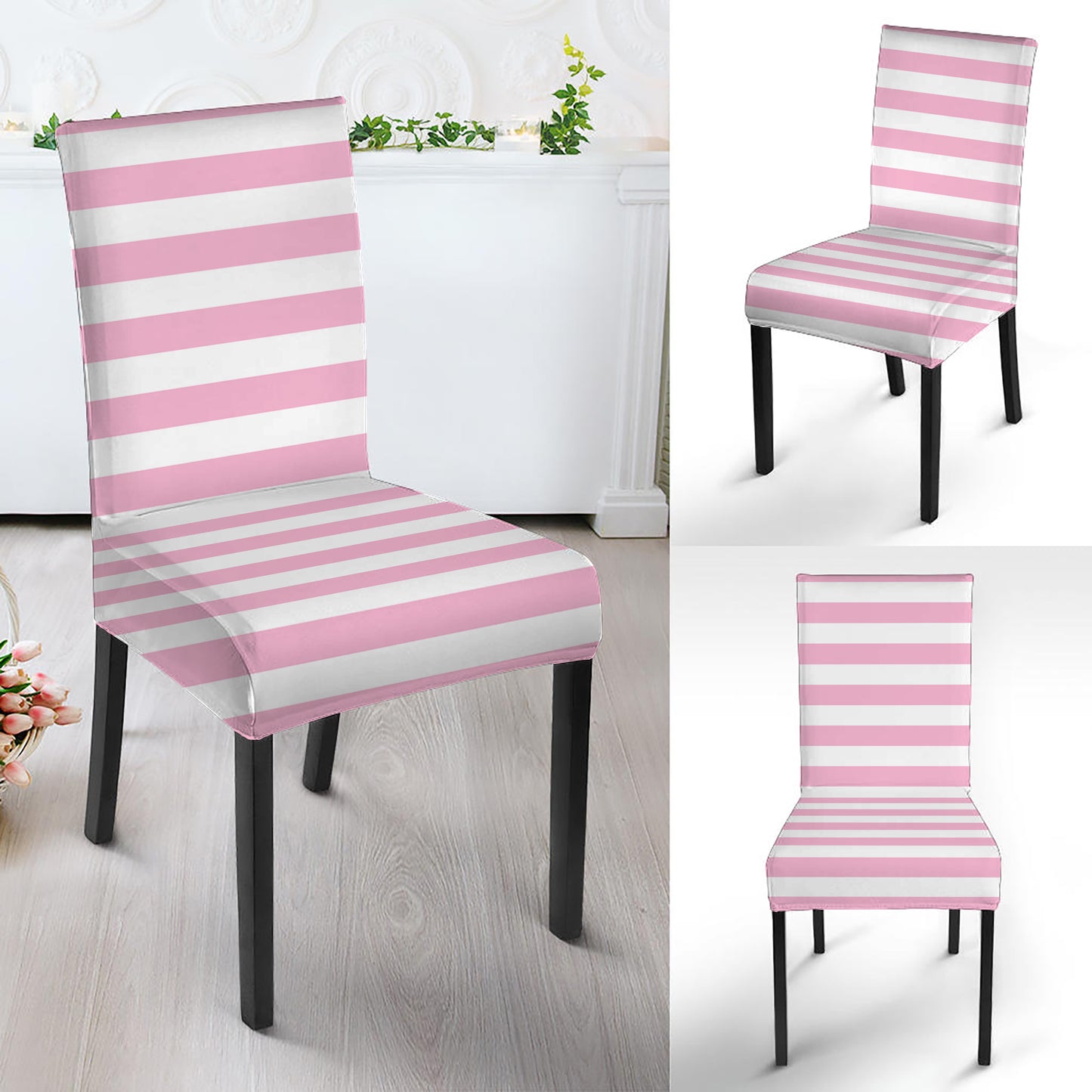 Pink And White Striped Pattern Print Dining Chair Slipcover