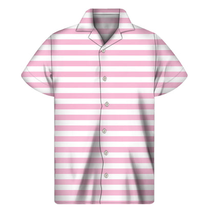 Pink And White Striped Pattern Print Men's Short Sleeve Shirt