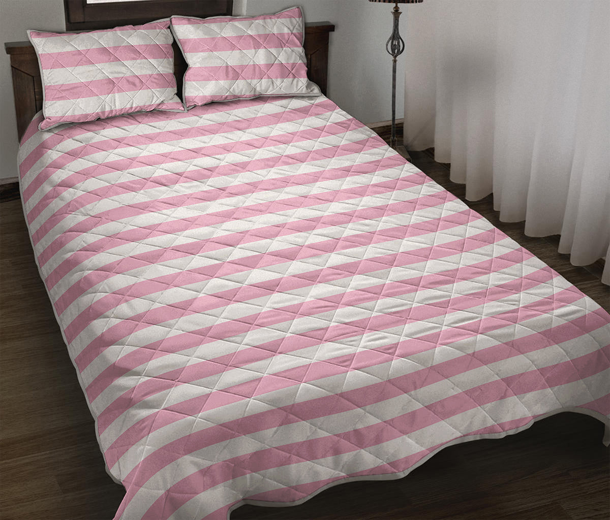 Pink And White Striped Pattern Print Quilt Bed Set
