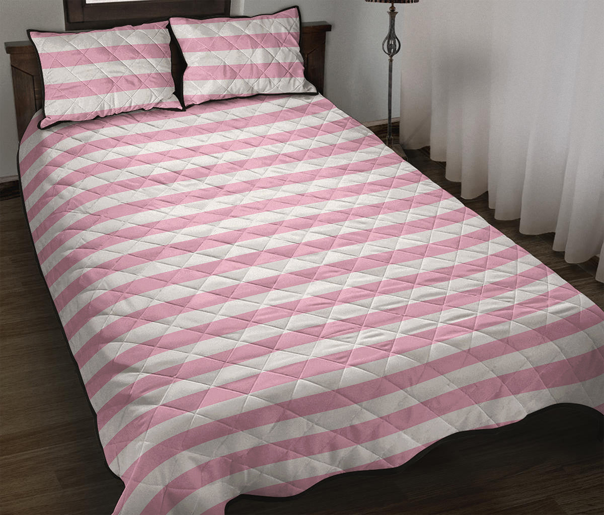 Pink And White Striped Pattern Print Quilt Bed Set