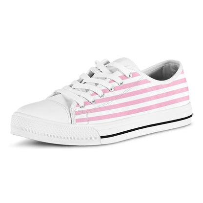 Pink And White Striped Pattern Print White Low Top Shoes