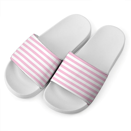 Pink And White Striped Pattern Print White Slide Sandals