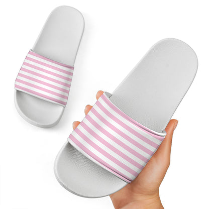 Pink And White Striped Pattern Print White Slide Sandals