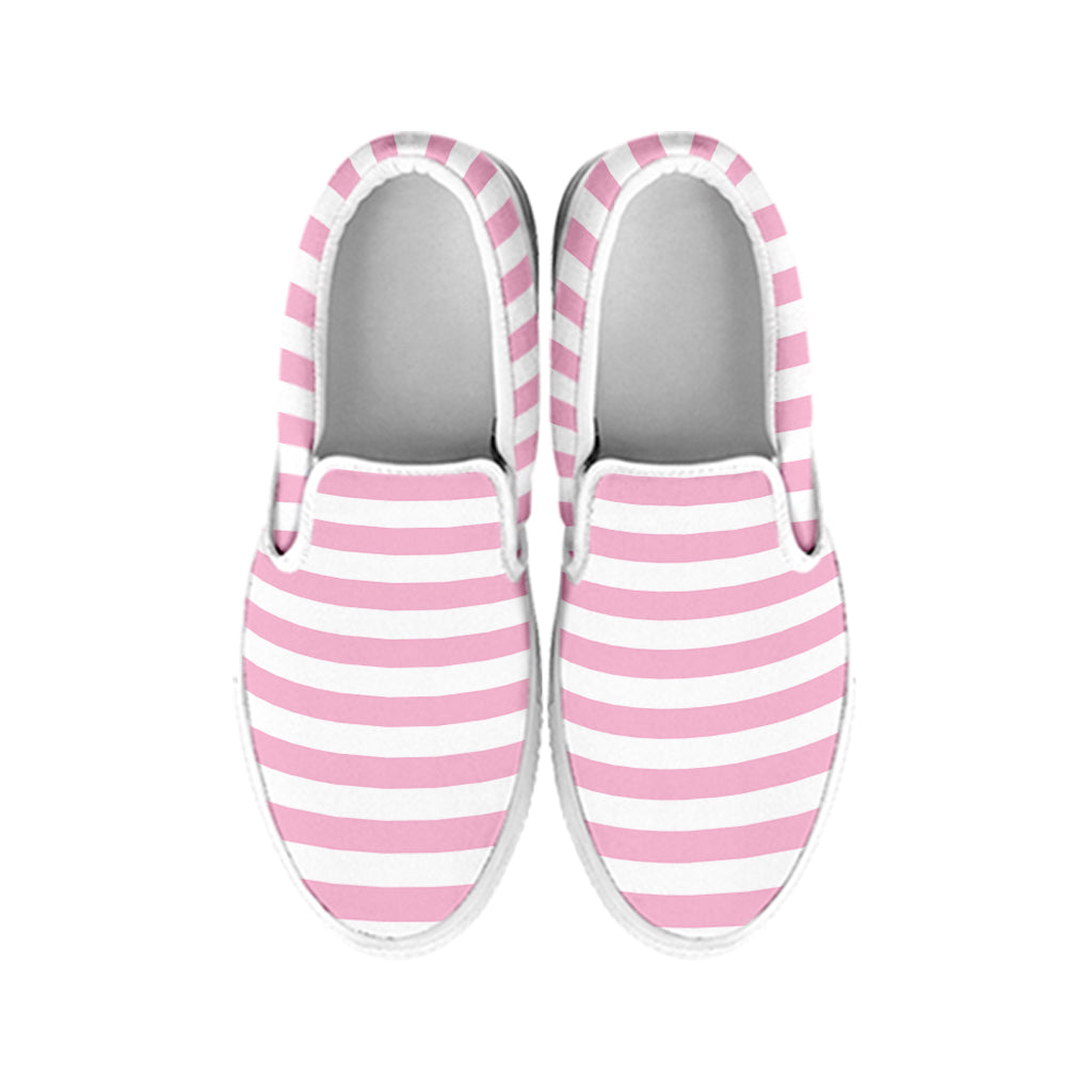 Pink And White Striped Pattern Print White Slip On Shoes