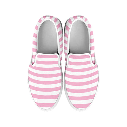 Pink And White Striped Pattern Print White Slip On Shoes
