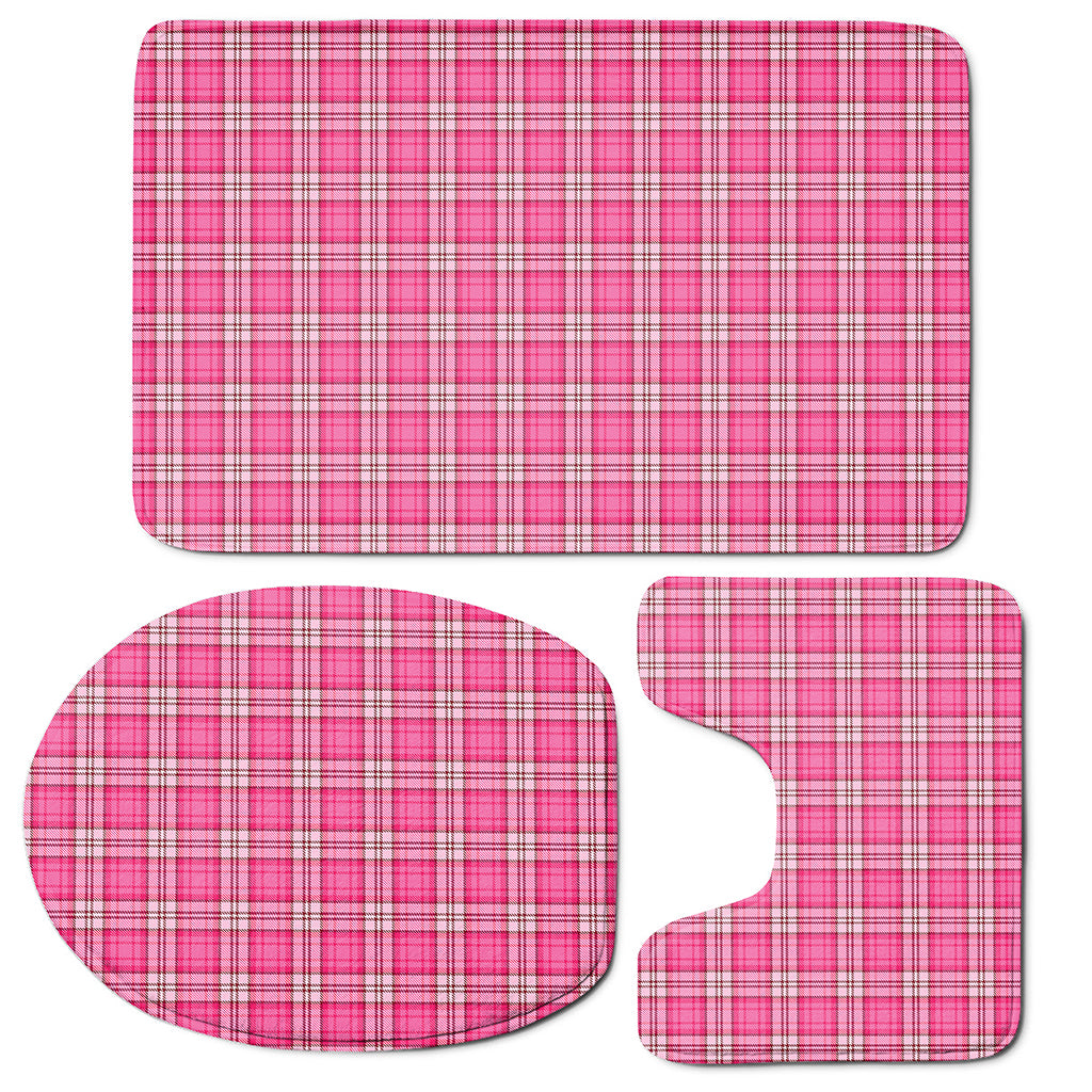 Pink And White Tartan Pattern Print 3 Piece Bath Mat Set