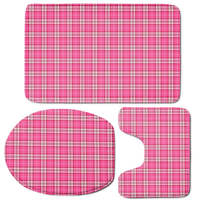 Pink And White Tartan Pattern Print 3 Piece Bath Mat Set