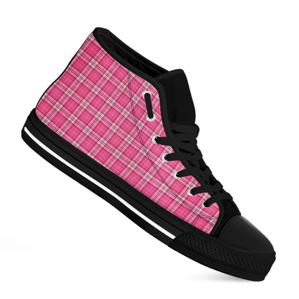 Pink And White Tartan Pattern Print Black High Top Shoes
