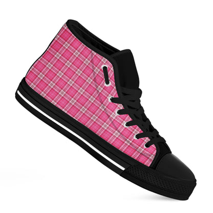 Pink And White Tartan Pattern Print Black High Top Shoes